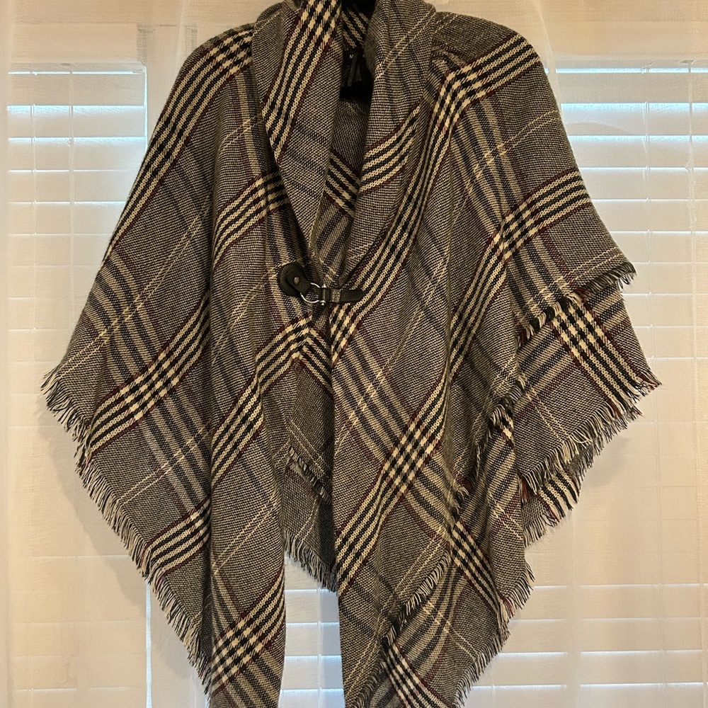 Plaid Fringe Poncho with Toggle Closure
